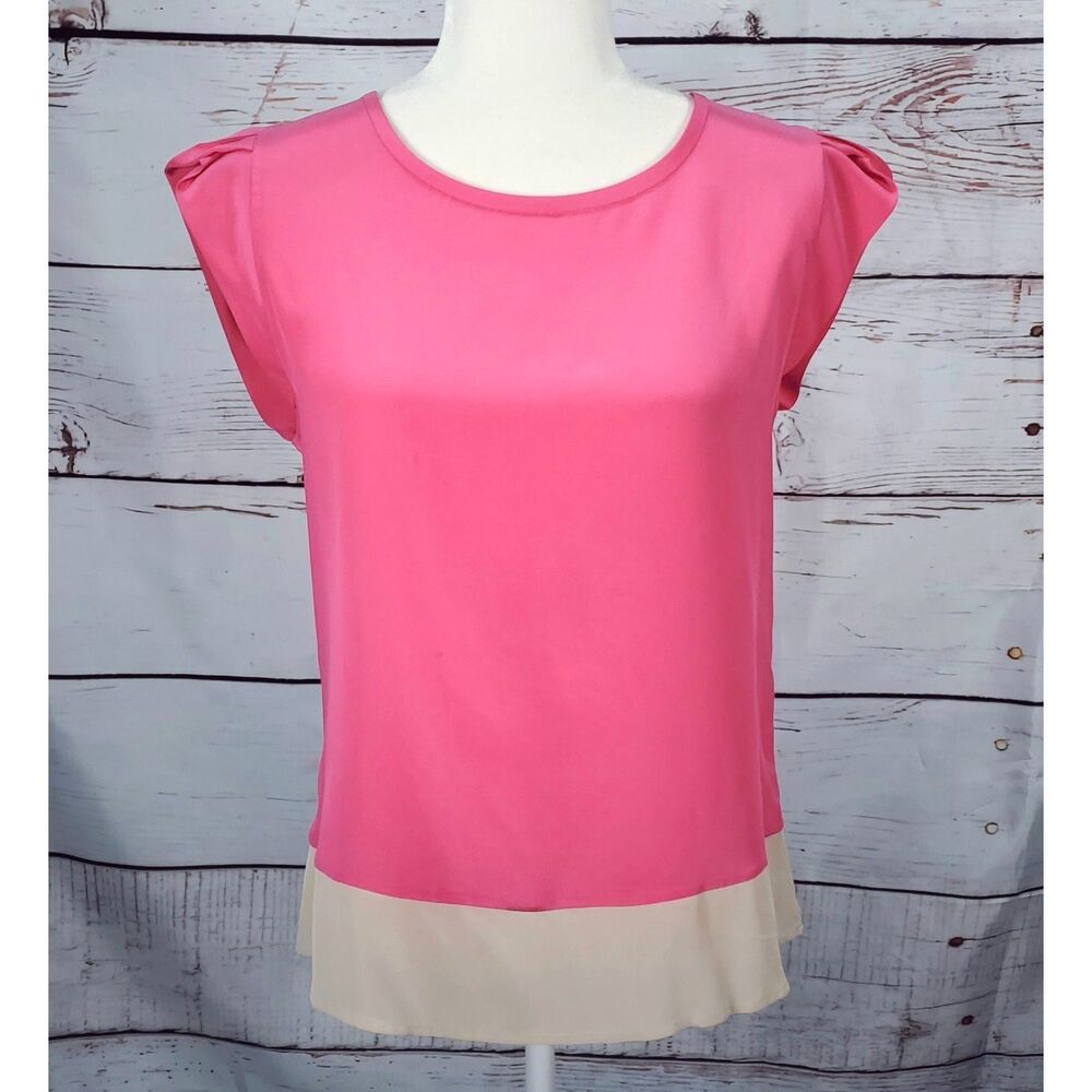 Women's Trina Turk Pink‎ & Beige Silk Tulip Cap Sleeve Blouse SZ Med NWOT
